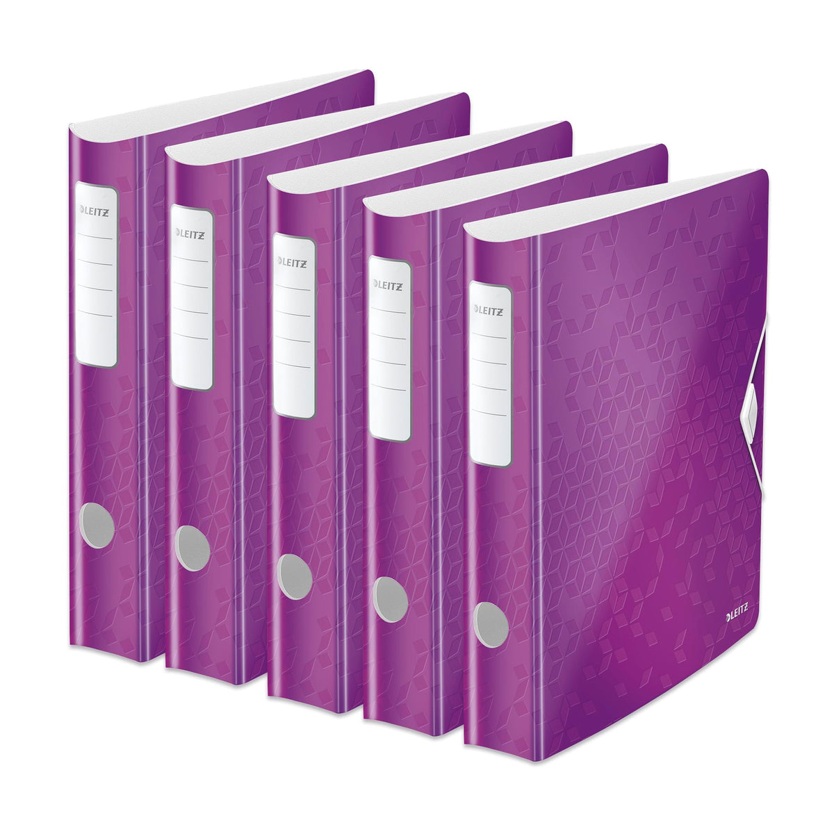 Dosar calitate Leitz 180° Active WOW, pachet de 5, A4, cotor îngust, rotunjit, 6,5 cm lățime, închidere cu bandă elastică, spumă ușoară, dosar din plastic, seria WOW, violet, 11070062