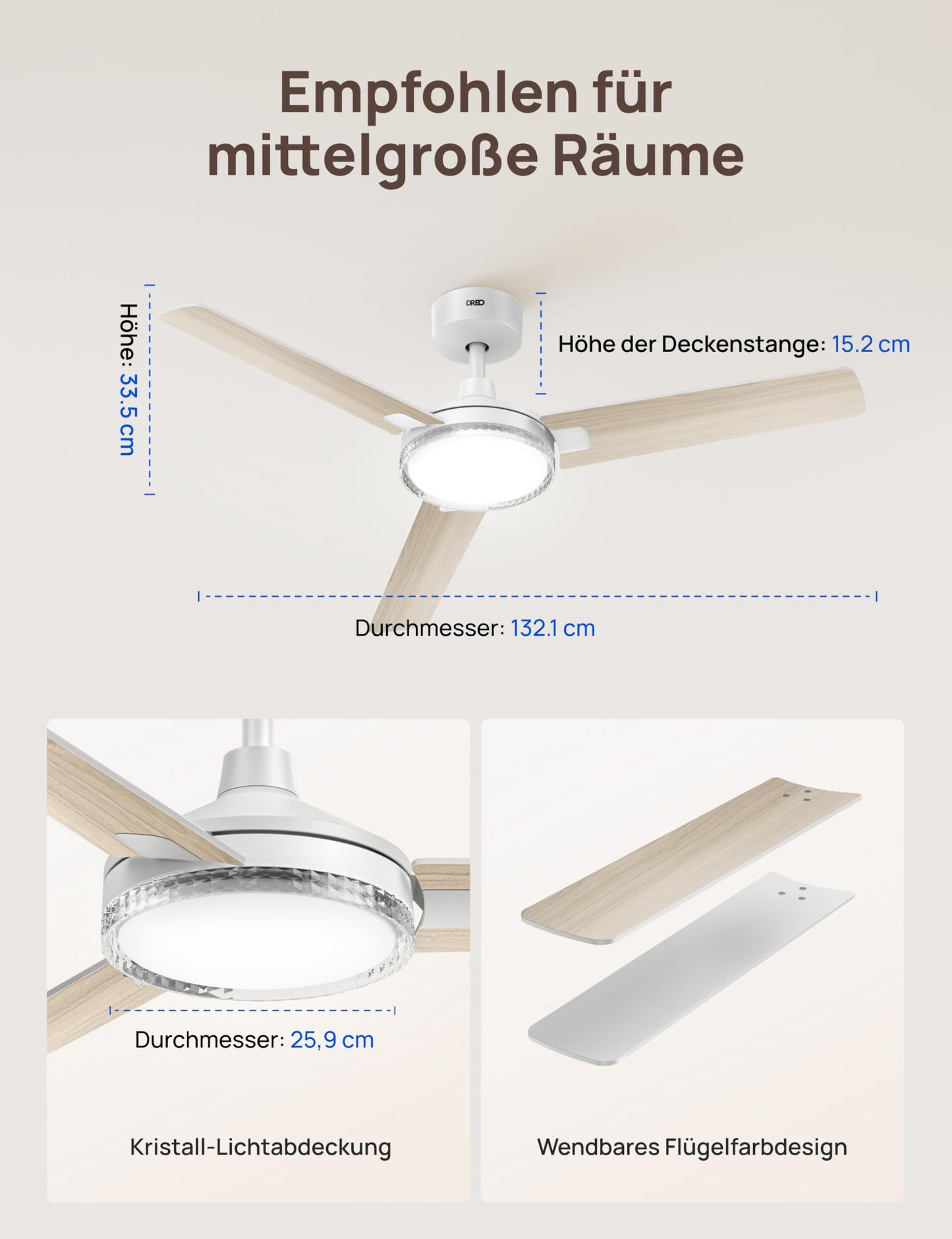 DREO ceiling fan with lighting and remote control, 132 cm white fan ceiling with light and Alexa, 5 CCT colors, 6 levels dimmable, 6 levels, quiet reversible DC motor, timer (1/4/8h) - DR-HCF004