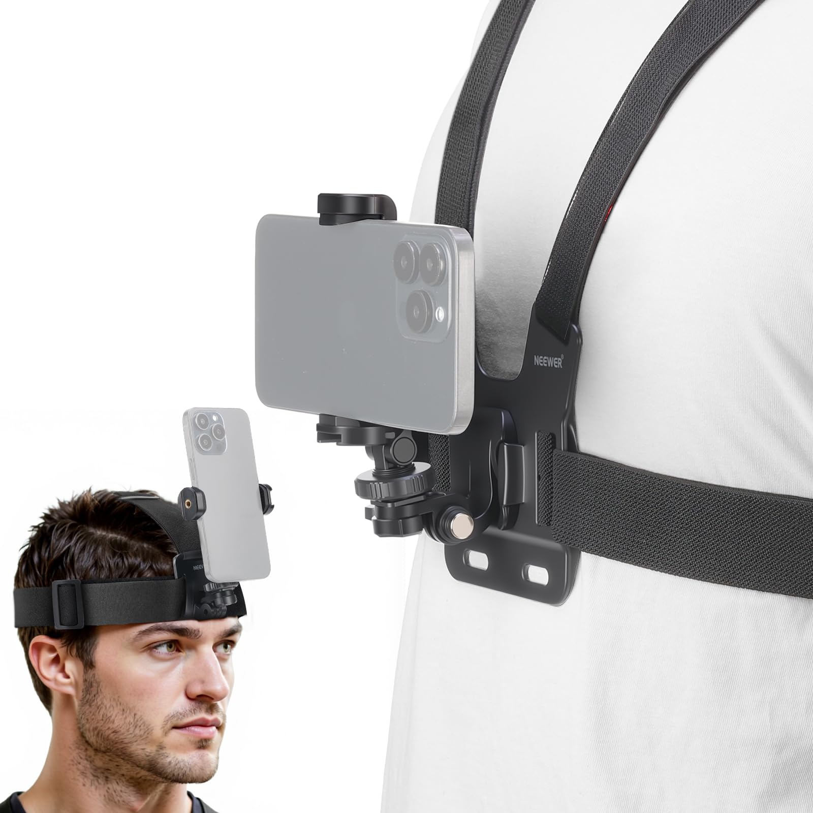 NEEWER Mobile Phone Chest Mount Head Strap Mount, Quick Release POV Vlog Accessory Set for Video Recording, Compatible with iPhone GoPro Hero Insta360 DJI AKASO Action Camera, GP-74