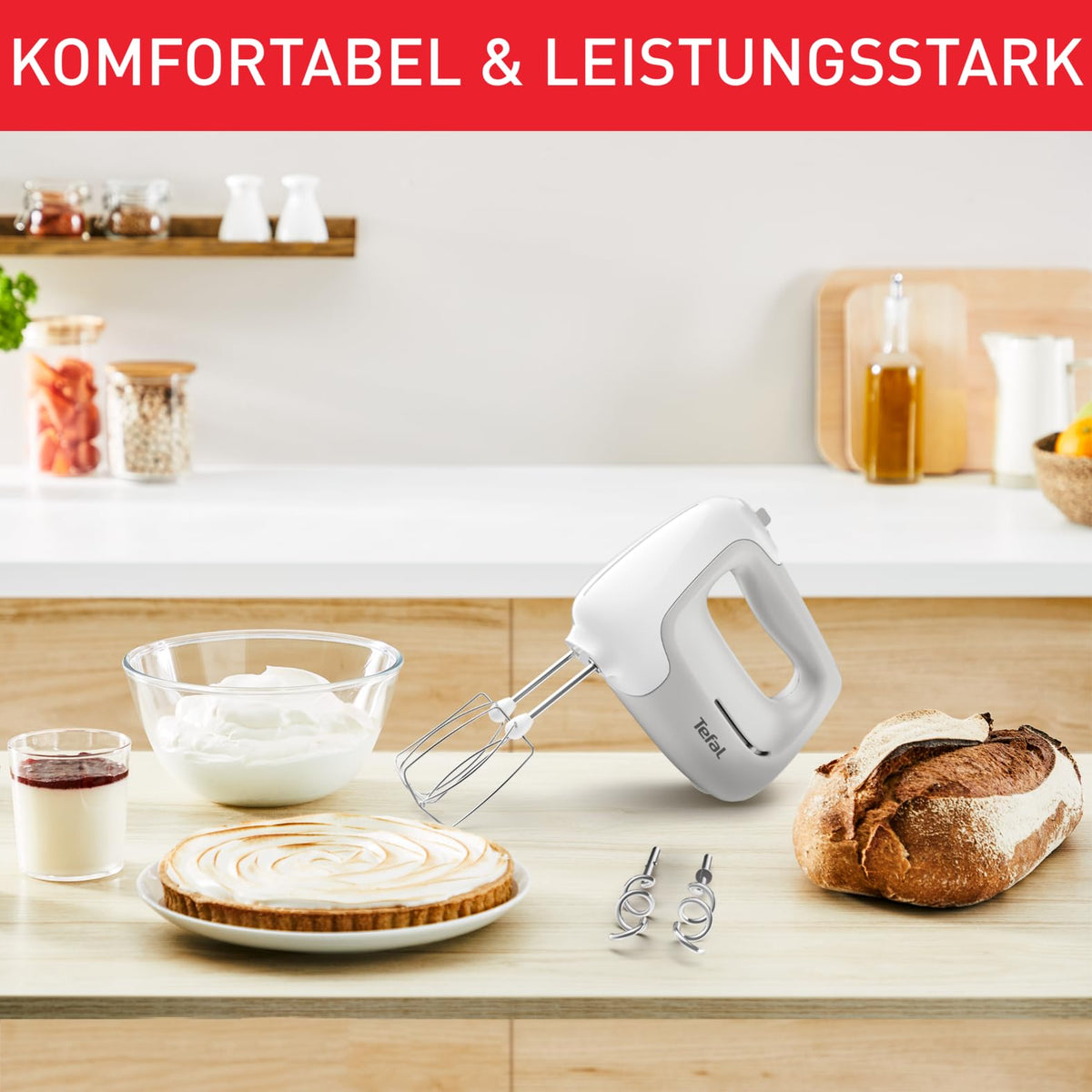 Mixeur à main Tefal Prep'Mix, 450 W, appareil de mixage avec 5 vitesses, 2 fouets et 2 crochets pétrisseurs en acier inoxydable, design ergonomique, accessoires lavables au lave-vaisselle, HT450B