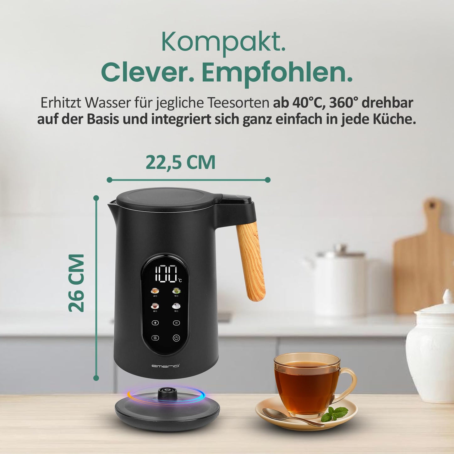 EMERIO kettle stainless steel 1.7L - insulated double wall - temperature selection 40-100°C in 5°C steps - digital display with tea & keep warm function - 2200W - auto-off | WK‑132230 - WK-132230