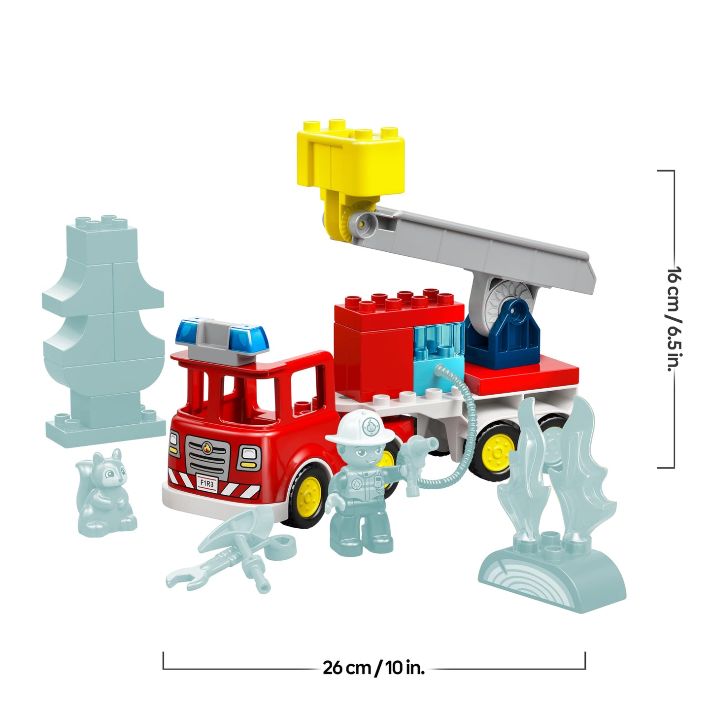 LEGO DUPLO Town fire engine with hose and firefighter - learning toy for motor skills - red fire engine with ladder, figure and squirrel - gift for boys and girls aged 2 and over - 10473