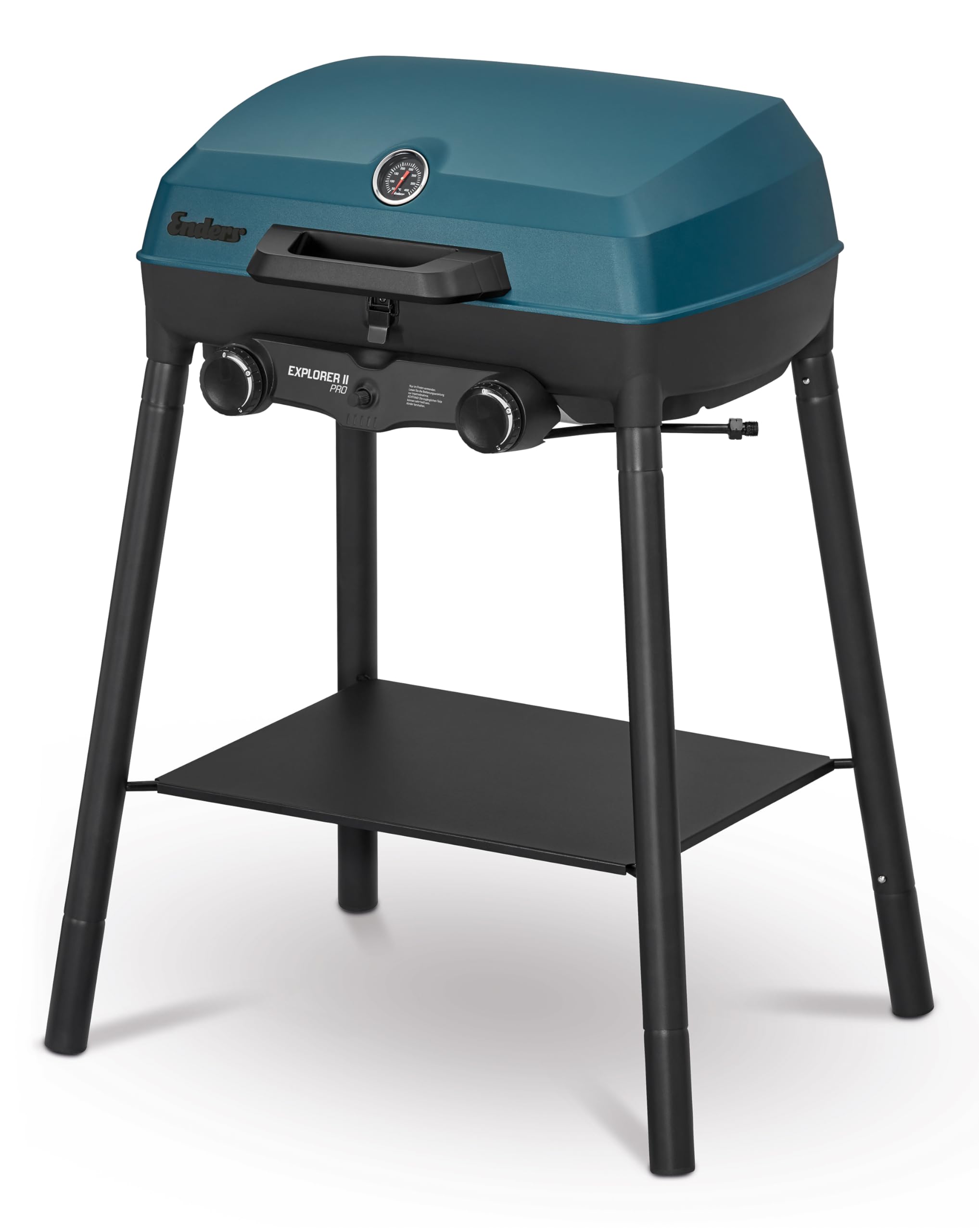 Enders® camping gas grill EXPLORER II PRO, integrated grill thermometer, grilling, cooking, baking function, 2 burners stainless steel, small balcony picnic grill - cast aluminum grill pan, #2108