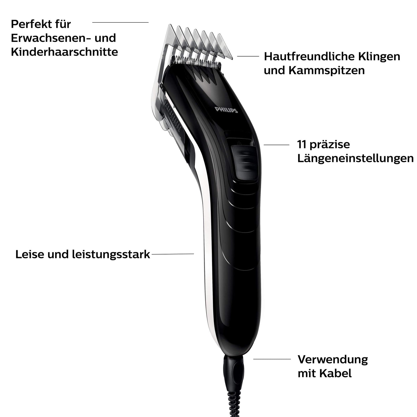 Philips hair trimmer f. d. Whole family QC5115/15 stainless steel blades, 11 length settings, use with cable