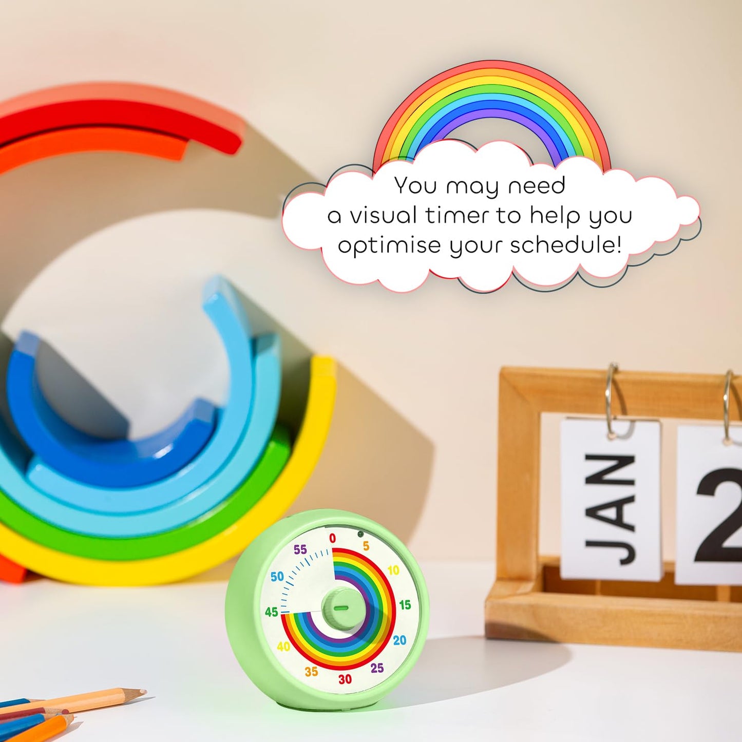 Visual Timer for Kids, 60 Minute Countdown for Classroom Office Kitchen, Desk Timer Kids Time Management Tools with Quiet Operation, Tomato Time Tool Rainbow Pattern - ML6300
