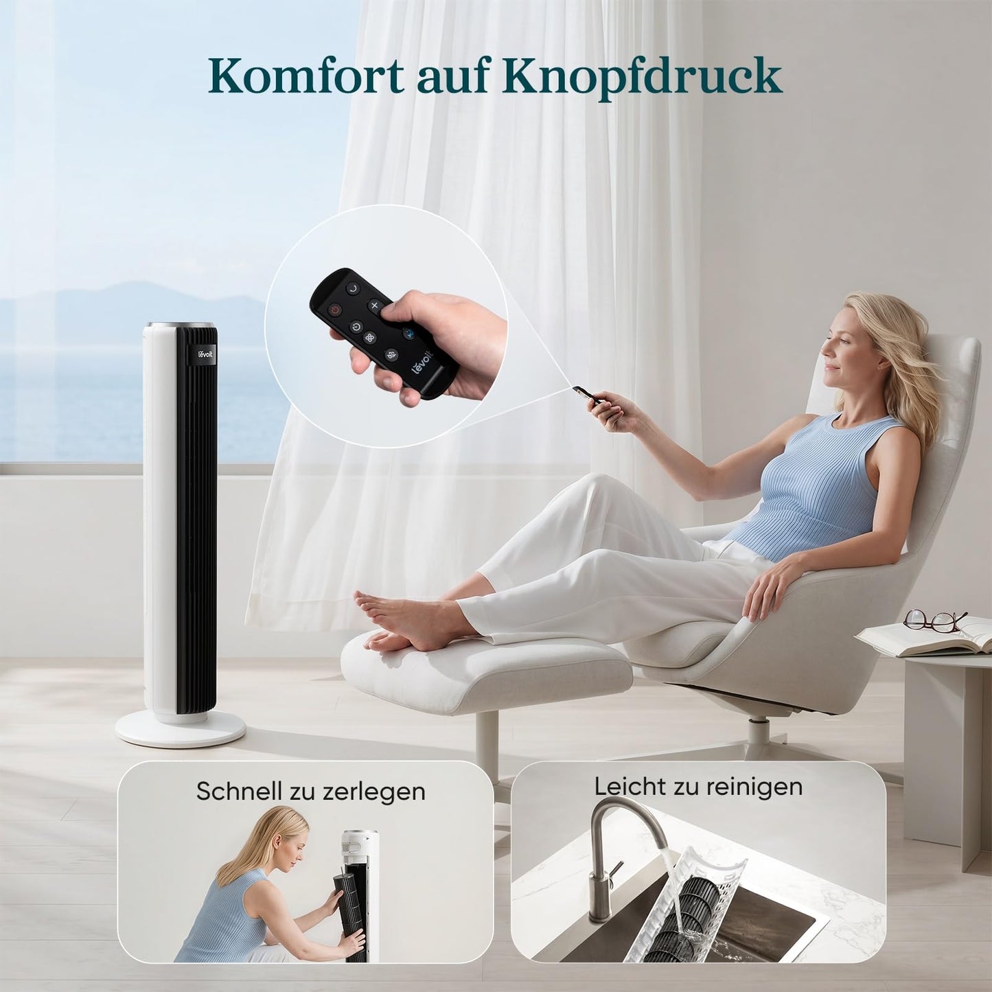 Levoit Tower Fan with Advanced Sleep Mode Fan Quiet 12H Timer 4 Modes 5 Speeds Automatic Operation with Sensor Oscillation Tower Fan with Remote Control White 92CM - LTF-F361-WEU