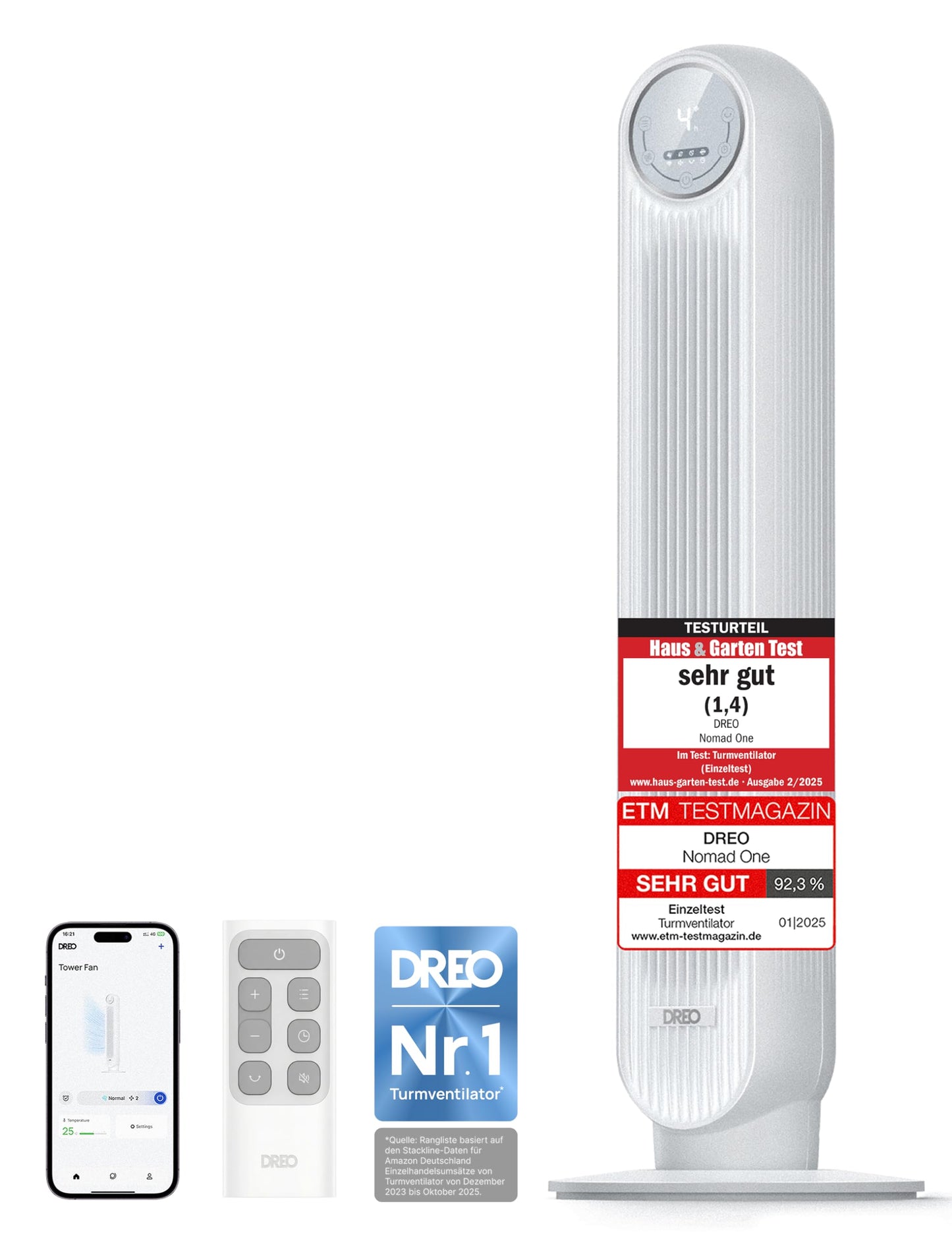 Dreo Smart 20dB Quiet Tower Fan, 10 m Throw 4 Speed Levels 4 Modes 8 Hour Timer 90° Oscillating Fan with Cooling WiFi & Remote Control for Bedroom, Nomad OneS, White - DR-HTF007S