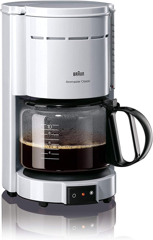 Braun Coffee Maker KF 47 WH - Filter coffee machine with glass carafe for classic filter coffee, aromatic coffee thanks to OptiBrew system, drip stop, automatic shut-off, white.
