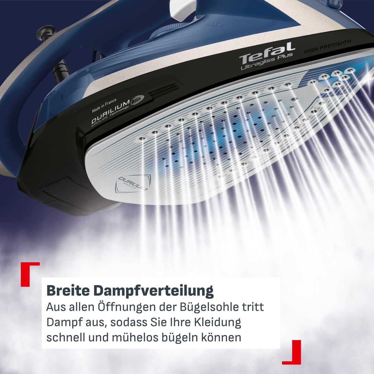 Tefal Ultragliss Plus Anti-Calc Steam Iron, 2800 Watts, removable calc collector, 50 g/min steam output, 260 g/min steam boost, automatic shut-off, Made in France, blue/white, FV6846 - FV6846E1