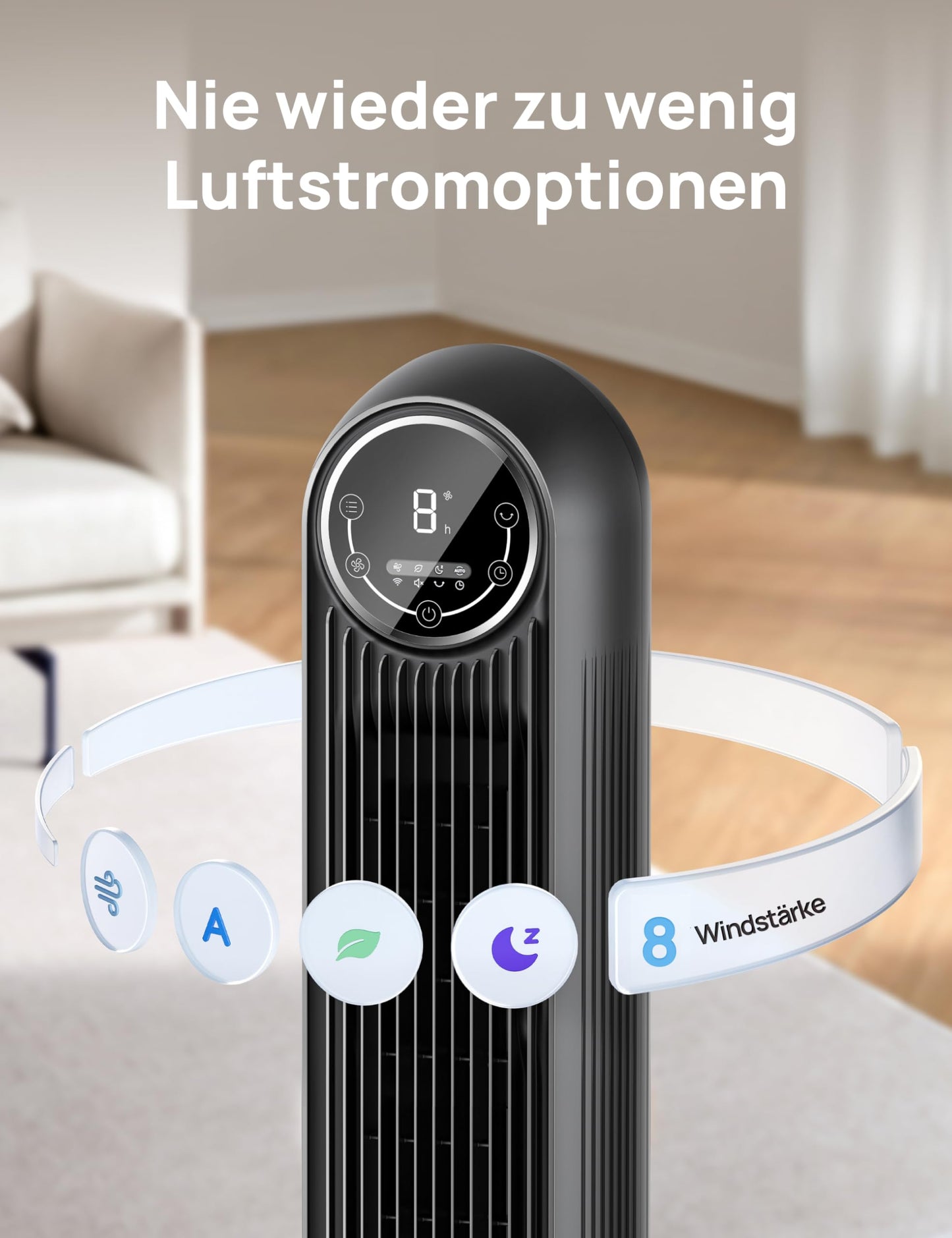 DREO Quiet tower fan, 10 m throw, 8 speed levels, 4 modes, 8 hour timer, 90° oscillating fan with cooling remote control for bedroom, tower fan 307, black - DR-HTF007