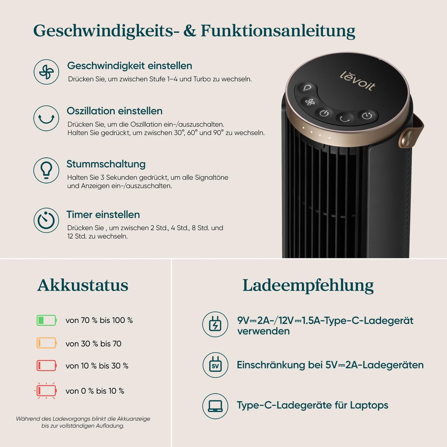 Levoit compact tower fan battery DC motor indoor/outdoor - quiet from 20dB fan - 7m/s cooling table fan - 5 levels/90° oscillation/12 hour timer/remote control - portable, 33 cm, graphite gray - LTF-F132BL-AEU