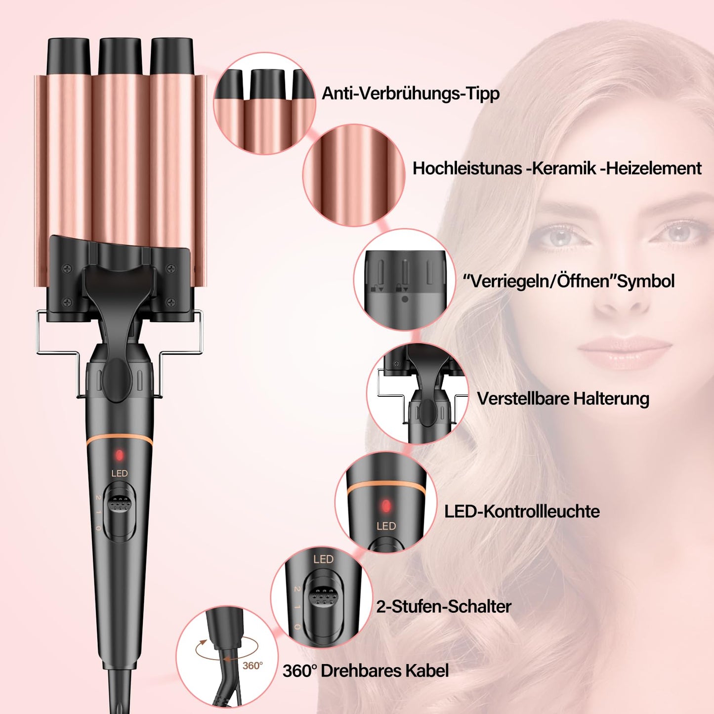 Curling irons 3 barrels for large-BESTOPE PRO curling iron set 5 in 1 curls with adjustable temperature Ceramic hair curlers with various attachments Fast heating, glove, 2 clips - BP06028-ROGEU