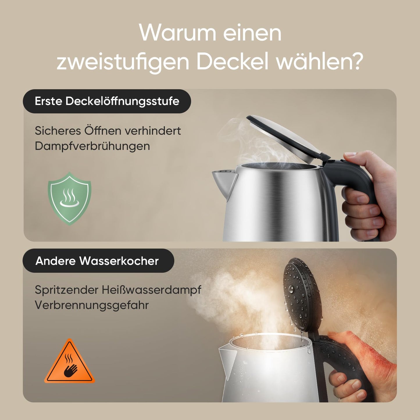 COSORI kettle stainless steel with 1.7 L | 2200W | No plastic contact | LED lighting | 360° rotating base | Large opening | Dry boil protection | Strix Technology | Silver-black - CEK-S152-VEU