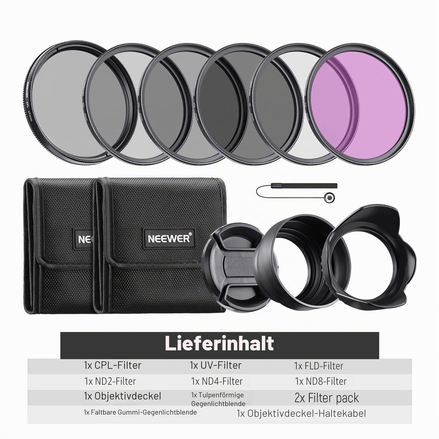 NEEWER 67mm ND Filter Kit and Lens Accessories, ND2 ND4 ND8 UV FLD CPL (Circular Polarizing) Filter Set with Lens Cap/Tulip Lens Hood - 10088186