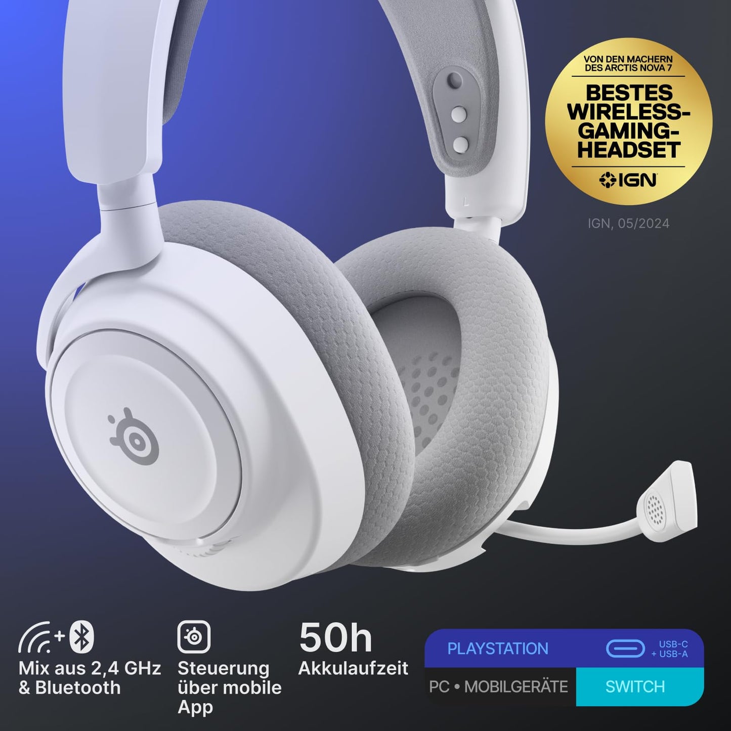 SteelSeries Arctis Nova 7P Wireless Gen 2 - PS5 Headset - Gaming Headset Wireless - App Control - Over 50 Hours Battery & Quick Charge Function - 2.4 GHz + Bluetooth - For PlayStation, PC & More - White - 61745