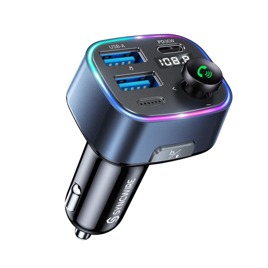 Syncwire FM Transmitter Car Bluetooth 5.4 48W (PD 36W & 12W) Bluetooth Adapter Car with [Light Switch] [HiFi Bass Sound] [Fast Charging] Hands-Free Car Charger Cigarette Lighter - SW-XC727