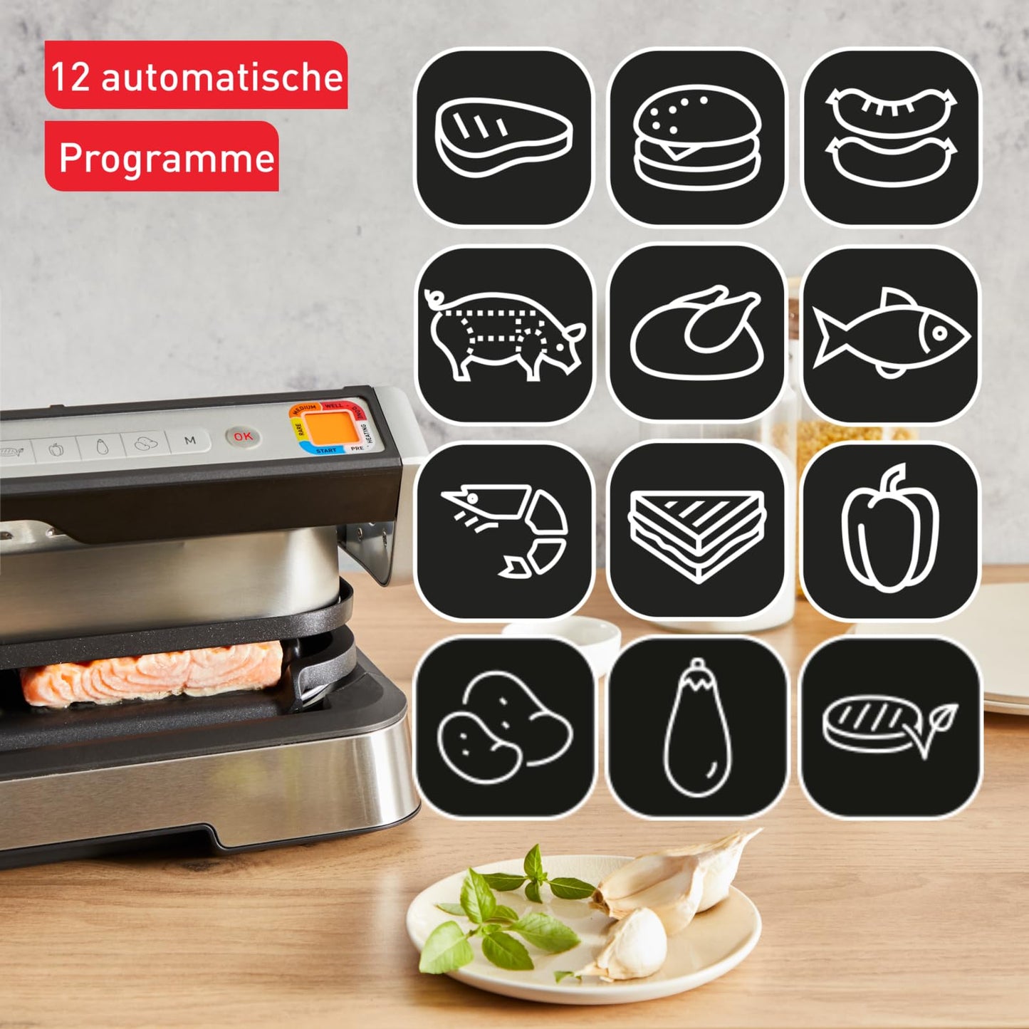 Tefal OptiGrill 4in1 XL contact grill with baking tray, foldable, table grill, 12 programs, cooking level display, electric grill, oven, GC784D10
