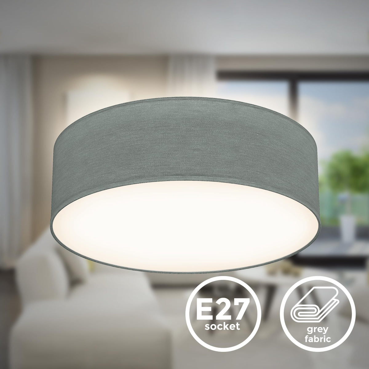 B.K.Licht - Ceiling lamp with fabric shade, E27 socket, max. 40 watts, ceiling light, lamp, living room lamp, bedroom lamp, kitchen lamp, ceiling lighting, 30x10 cm, gray - BKL1215