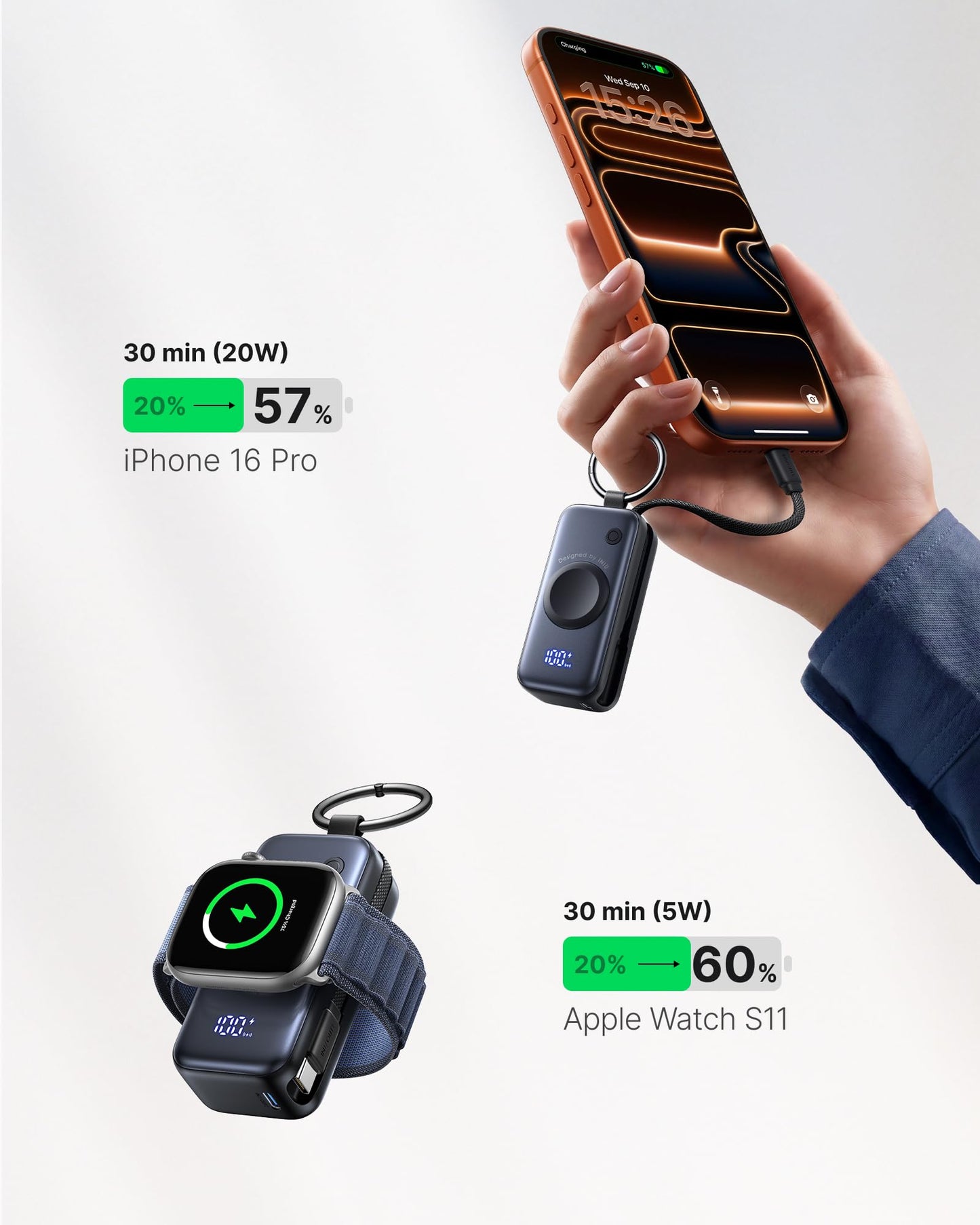 INIU Power Bank, Mini Power Bank for Apple Watch and iPhone with USB-C Cable, 5000mAh 20W Portable External Mobile Phone Batteries, Watch Stand Travel Gadgets Airplane for Apple Watch Ultra 11 10 9 SE, iPhone 17 16 - P81