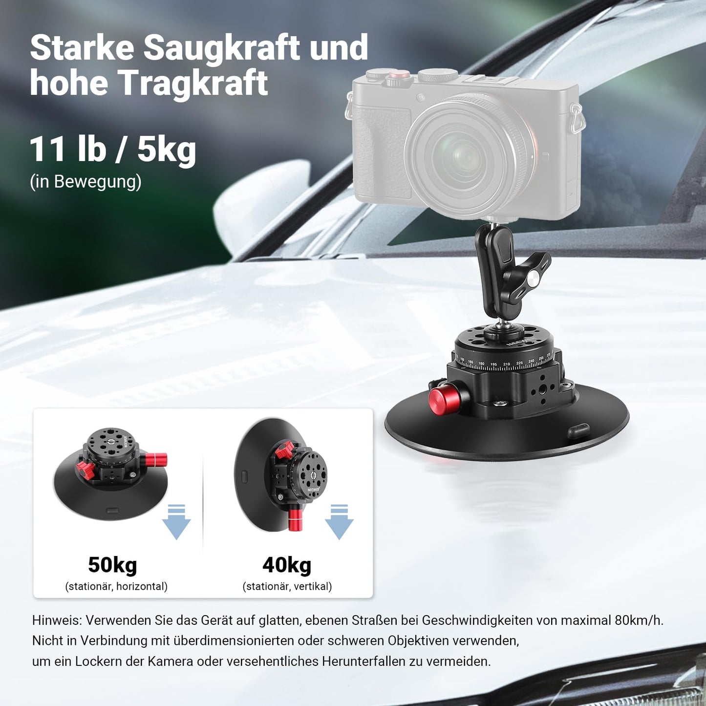 NEEWER 6"/15.2cm camera suction cup mount with ball head magic arm, metal suction cup mount on the car windshield for action camera/mobile phone holder, with 1/4" & 3/8" mounting holes for ARRI - 1x