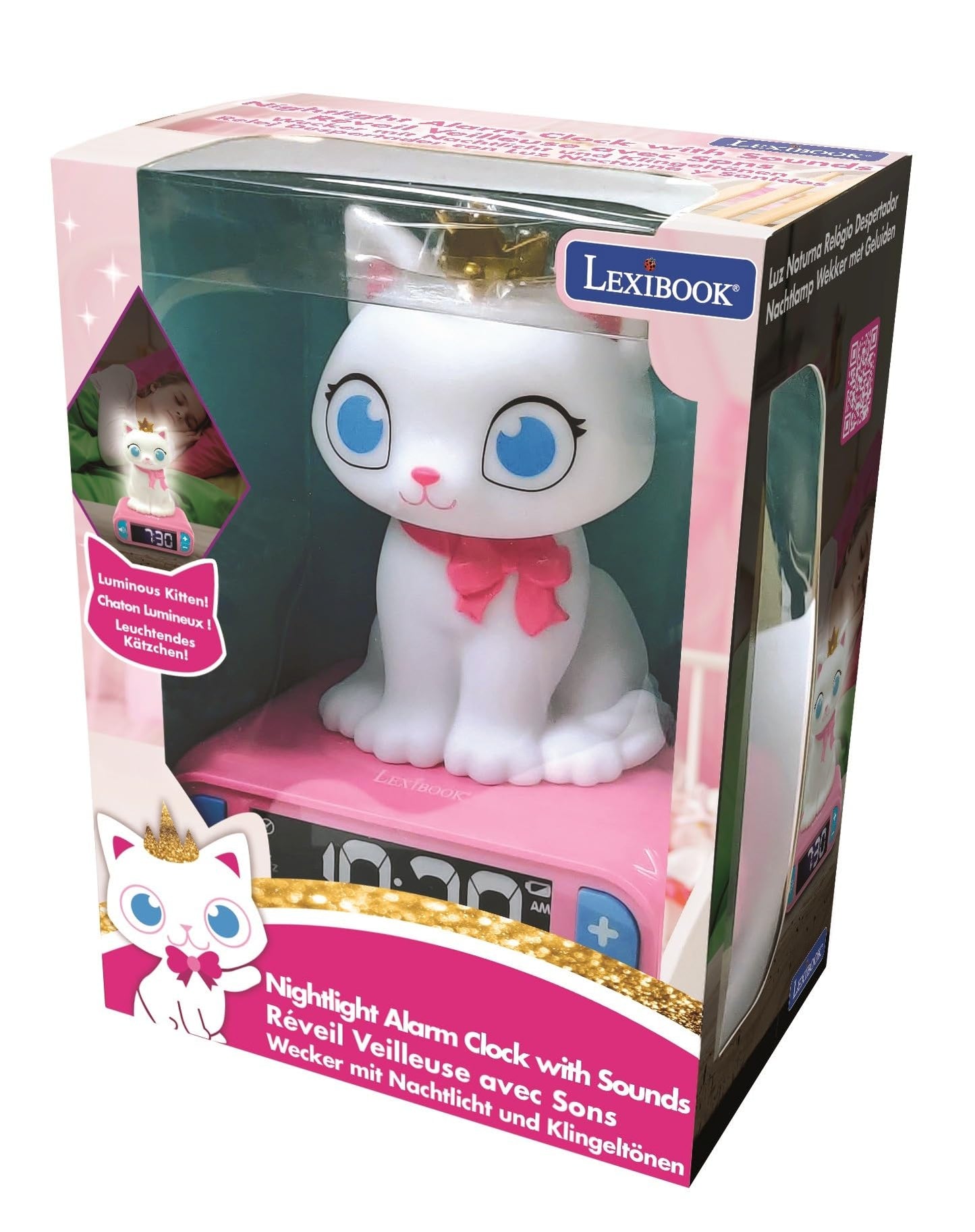 Lexibook - Alarm Clock with Night Light Kitten, Kitten Digital Alarm Clock for Children with Night Light Snooze, Children's Clock, Luminous Cat, Pink White - RL800KTLXB