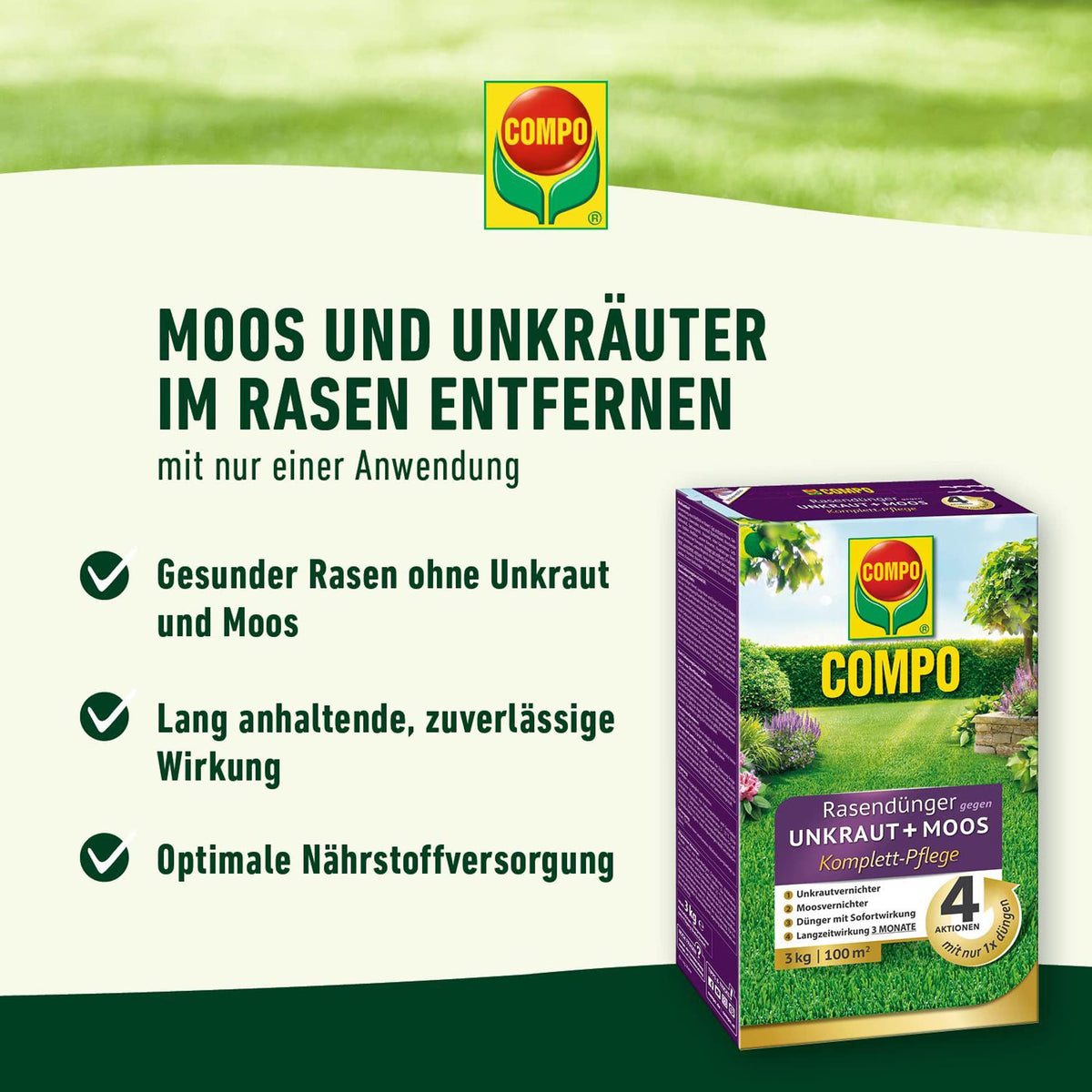 COMPO Lawn Fertilizer Against Weeds+Moss Complete Care 3 kg for 100 m² - 26160