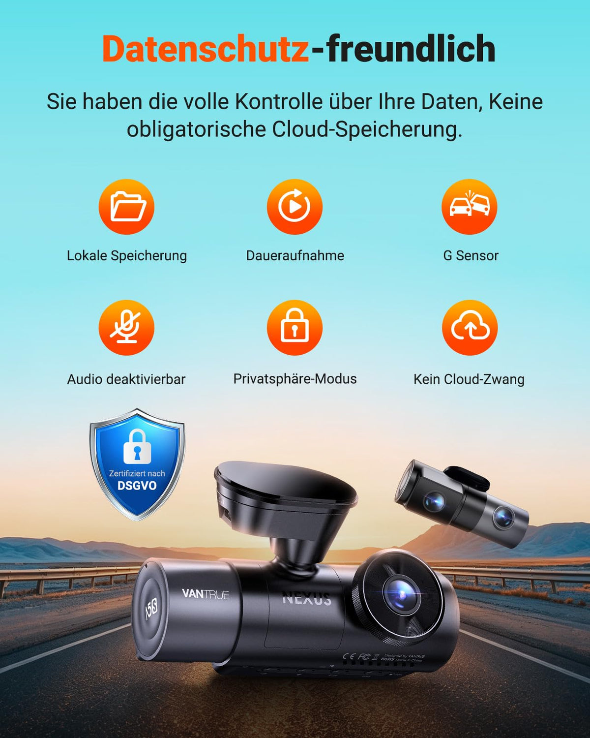 VANTRUE N5S Dashcam Auto STARVIS 2, 2.7K+1080P*2+1440P Față Interior Spate