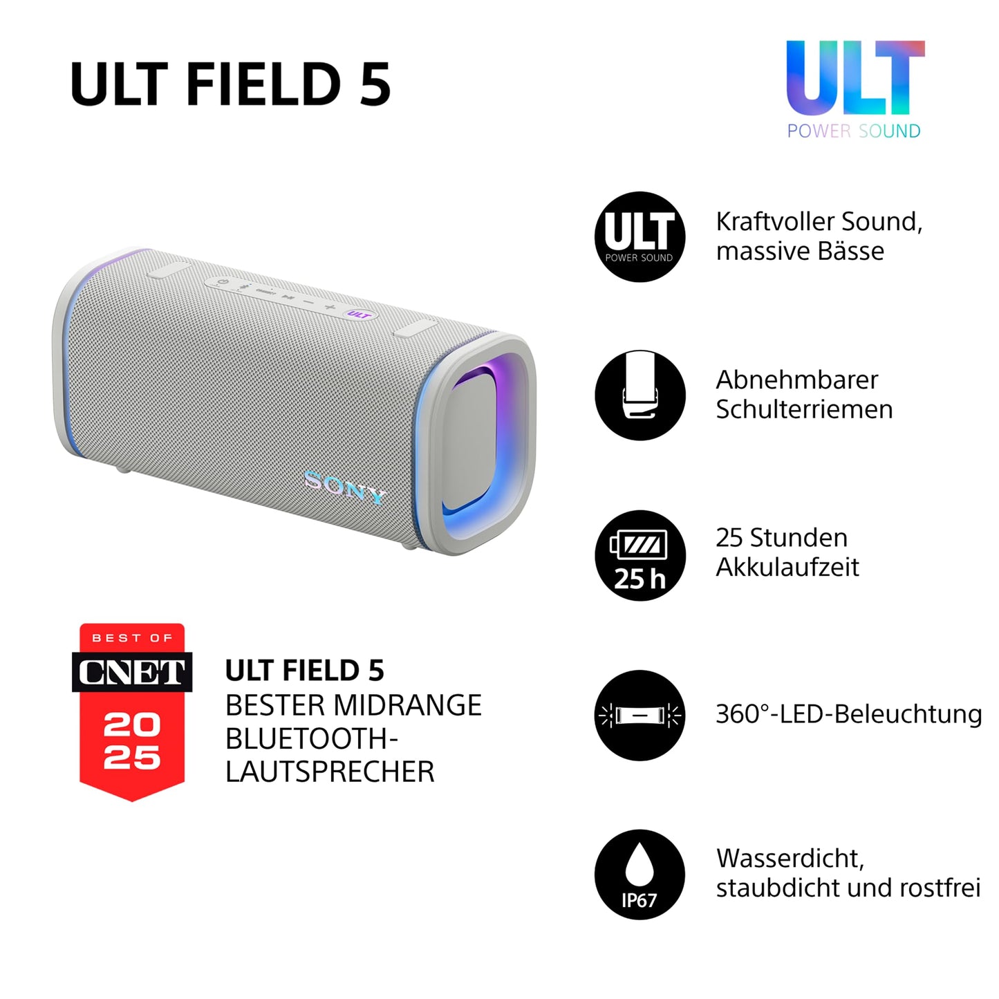 Sony ULT Field 5 - Powerful Portable Bluetooth Speaker, 25 Hour Battery, 2 x ULT Power Sound Modes, IP67, Waterproof, Dustproof, 360° Lights, Detachable Shoulder Strap - Off-White - SRSULT50W.CE7