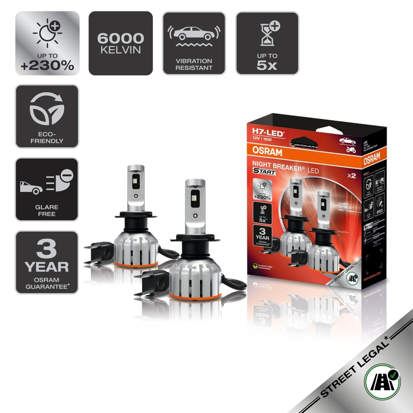 Osram NIGHT BREAKER LED START H7, LED high and low beam with street approval, up to 230% more brightness, 6000 K, 12 V - 64210DWNBST-2HB