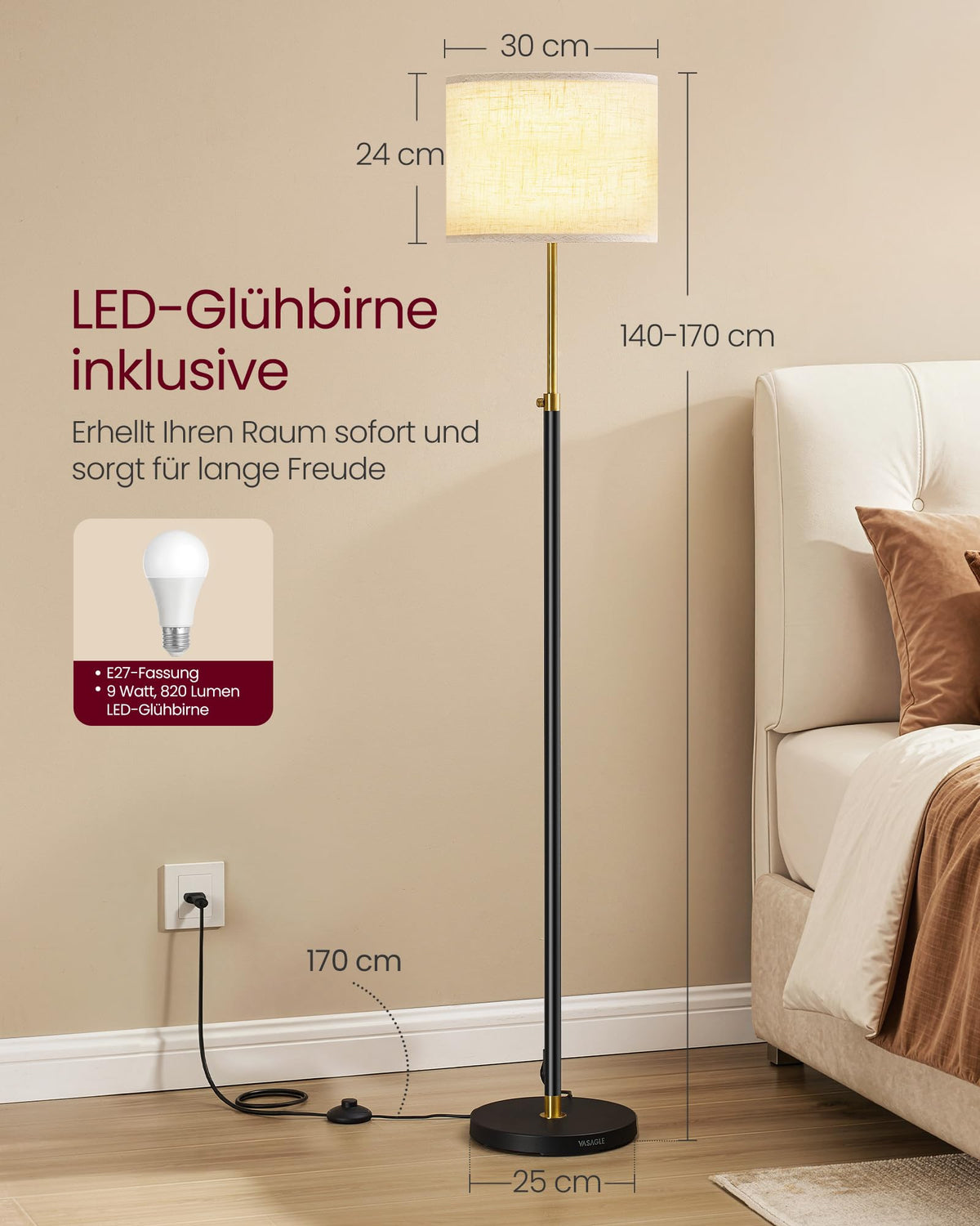 VASAGLE Floor Lamp, adjustable height, 140-170 cm tall, modern design, with foot switch, fabric lampshade, E27 socket, remote control, memory function, gold-black LFL005BD02