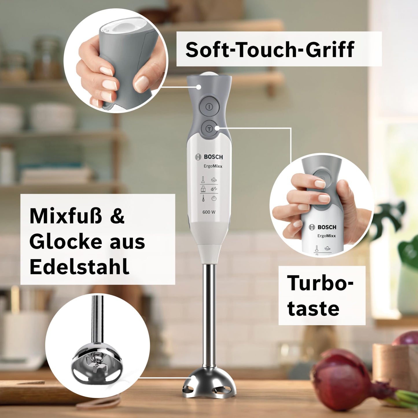Bosch hand blender ErgoMixx, stainless steel mixing foot, mixing and measuring cup, 4-blade knife, chopper, ergonomic design, 12 levels plus turbo, 600 W, white/gray, MSM66120