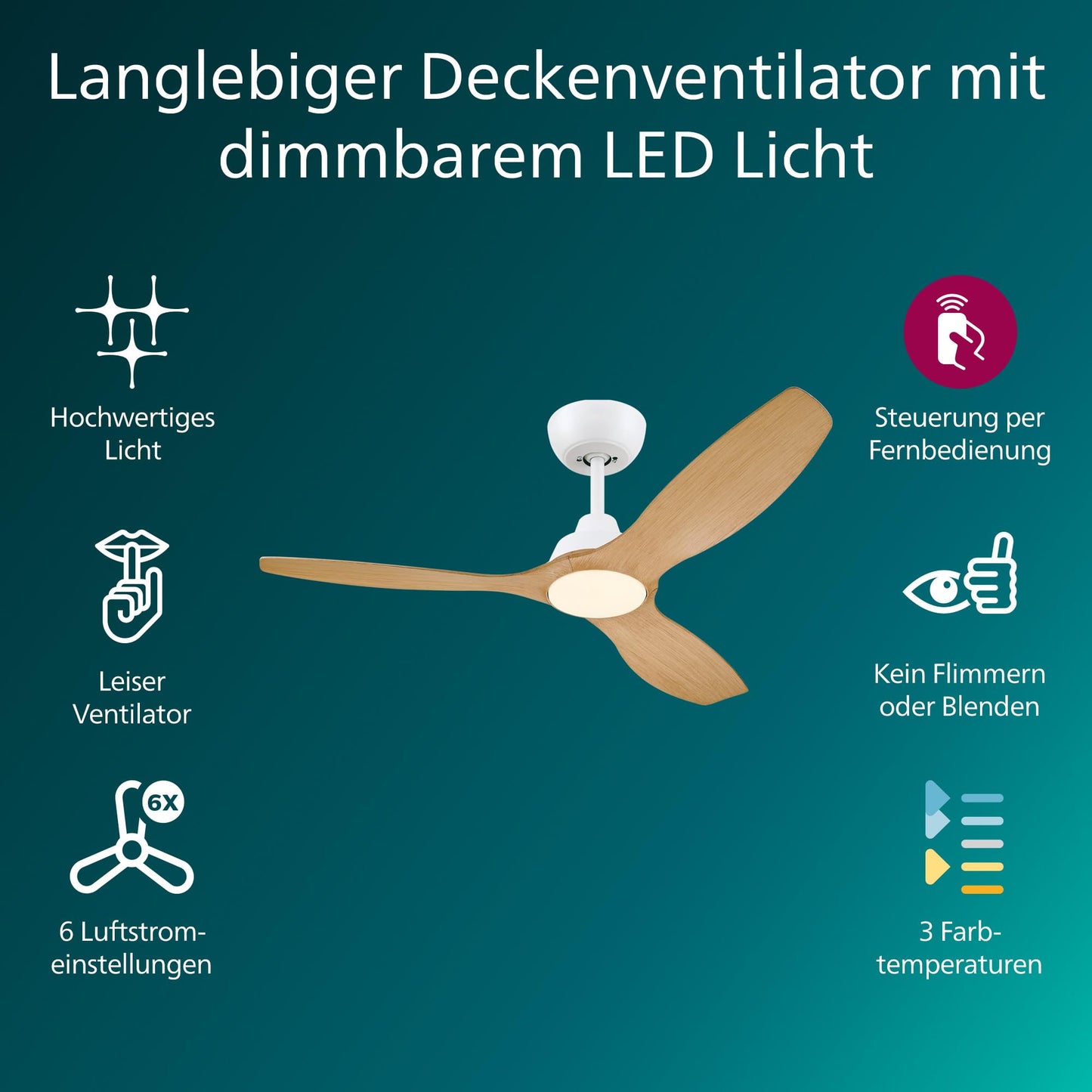 PHILIPS Olas ceiling fan with LED light, 3 blades, 132 cm diameter, 2650 lumens, adjustable white light from 3000 K to 6500 K, dimmable to 5%, including remote control, white/wood, classic - 929004641201