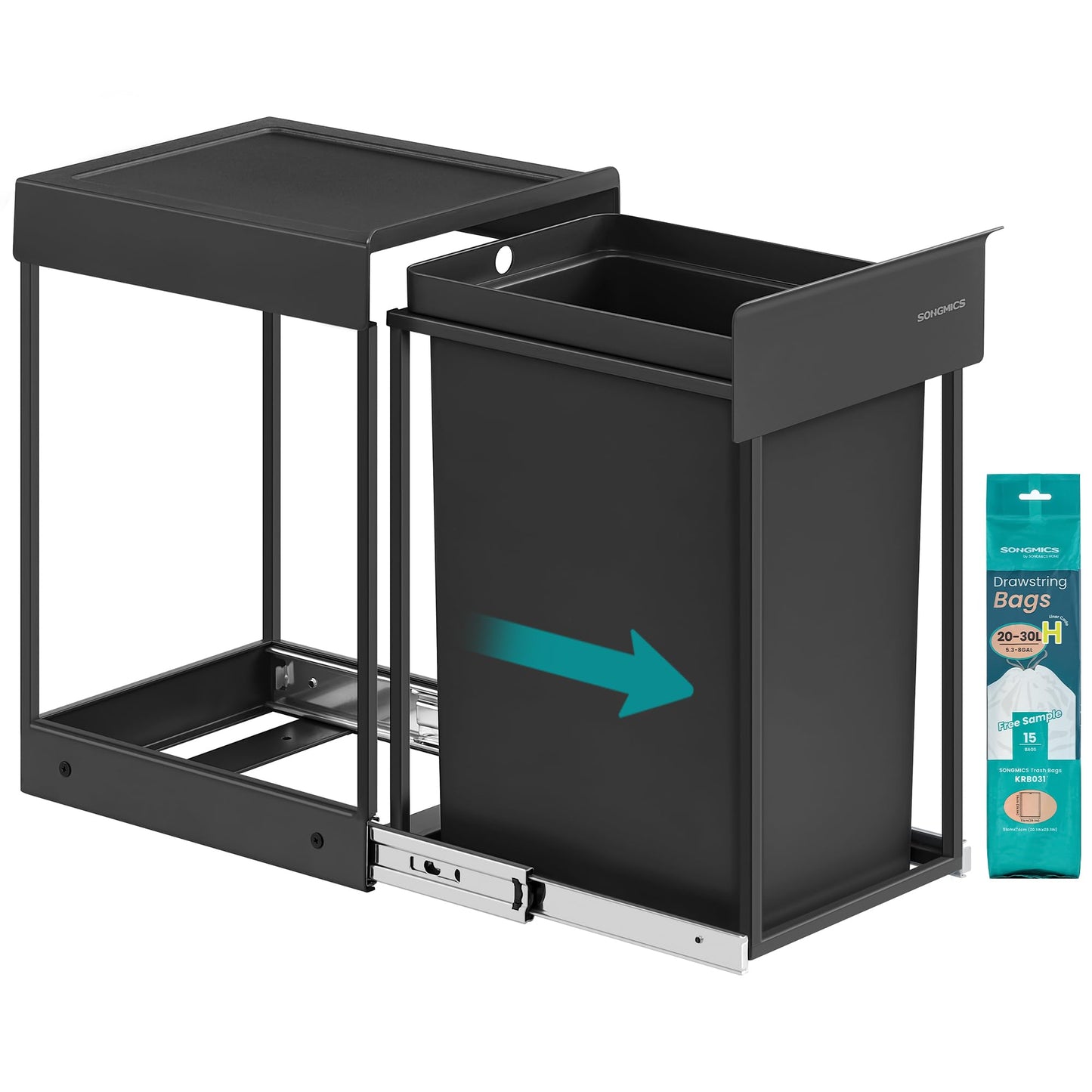 SONGMICS Kitchen Trash Can for Base Cabinet, 1 x 20 L, Extendable Trash Can, Steel Frame, ABS Lid, Ink Black LTB920BZ01