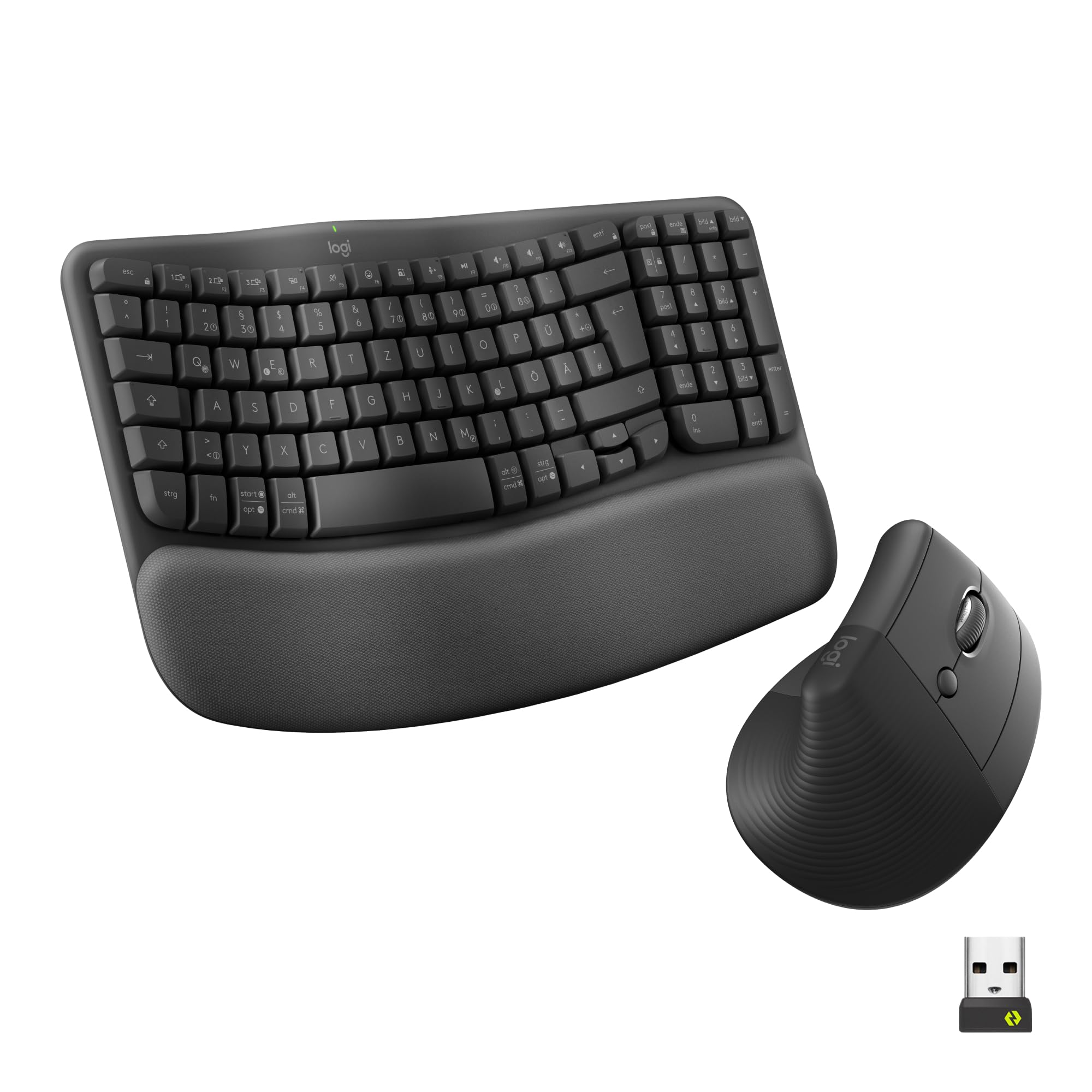 Logitech Wave Keys and Lift Vertical Mouse - Ergonomic Bundle - Wireless Keyboard with Padded Wrist Rest and Vertical Wireless Mouse - Bluetooth, Multi-OS, Windows/Mac - Graphite - 910-006473