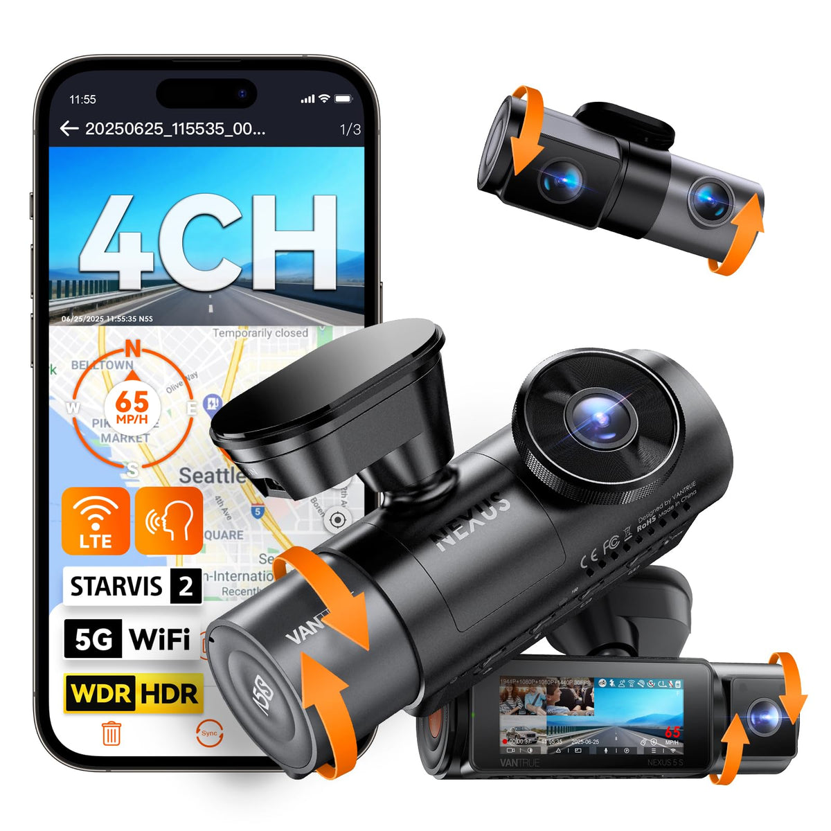 VANTRUE N5S Dashcam Auto STARVIS 2, 2.7K+1080P*2+1440P Față Interior Spate