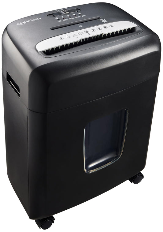 Amazon Basics document shredder with microparticle cut, 8 sheets, with transparent viewing window, for documents, CDs and credit cards, 15l collection container, black - C217-C