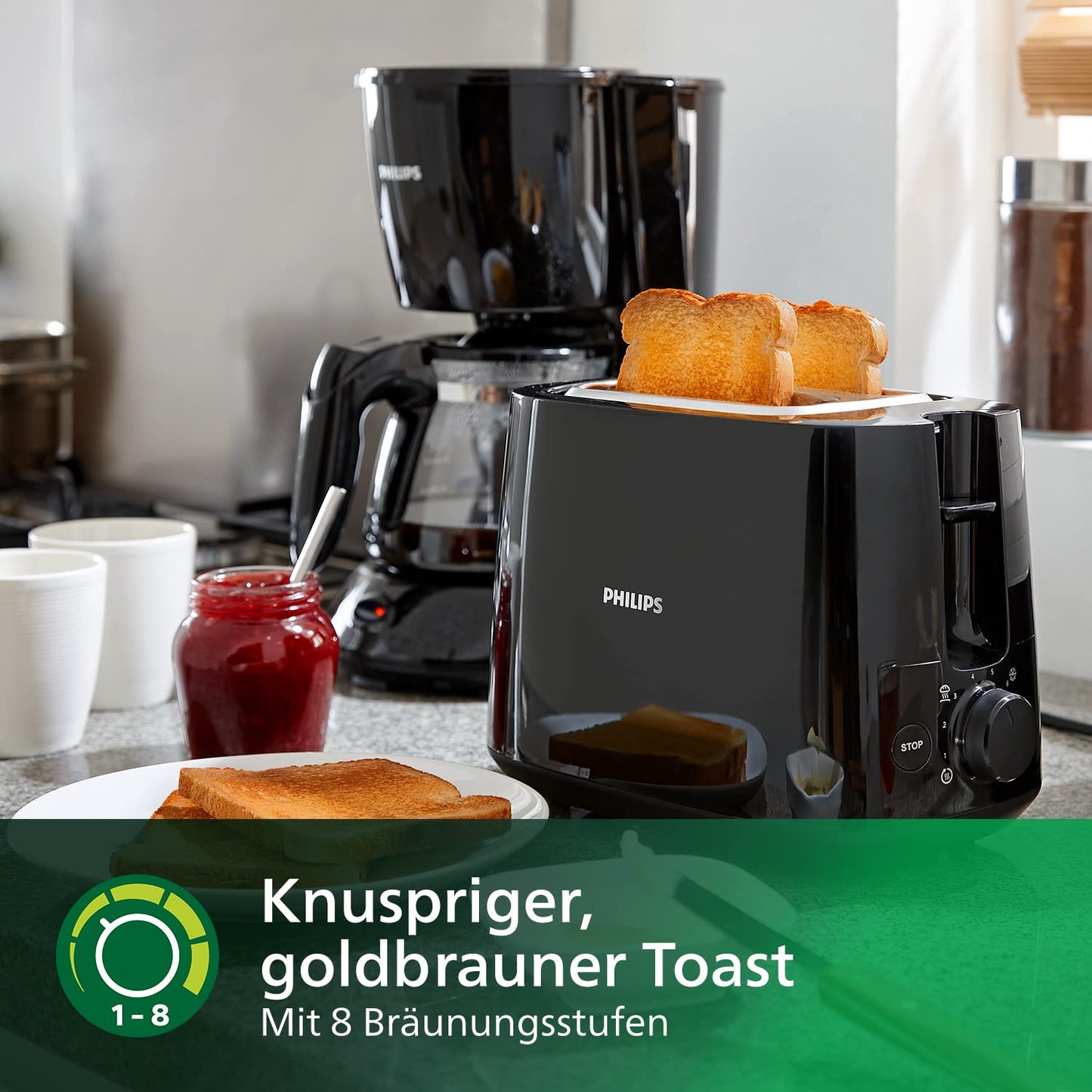Philips toaster - 2 toast slots, 8 levels, bun attachment, defrost function, lift function, automatic switch-off, black (HD2581/90)