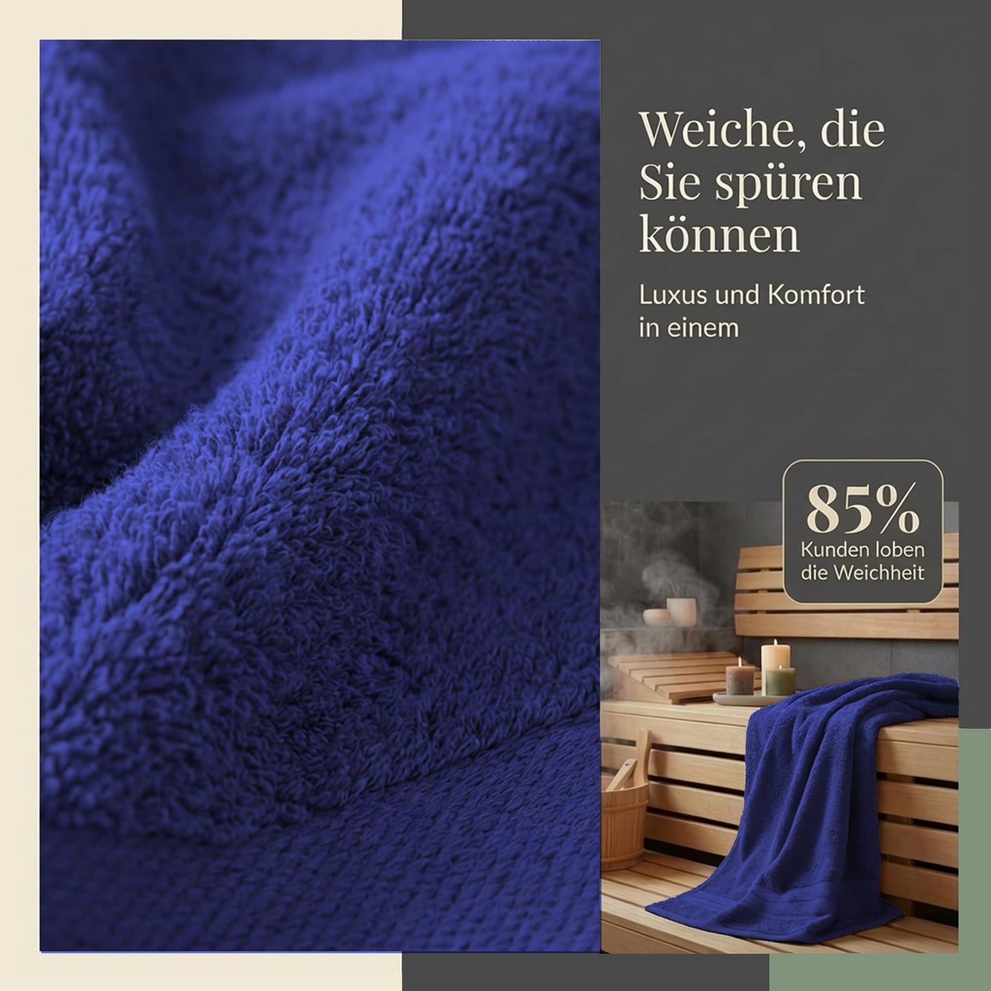 Komfortec 2 sauna towel set 80x200 cm, large sauna towels made of 100% cotton, sauna towels, fluffy and absorbent, quick-drying, navy blue - Blu