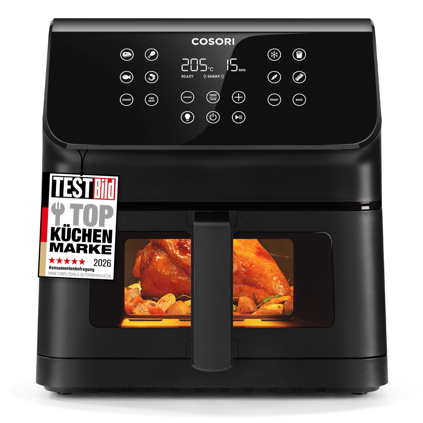 COSORI Airfryer, hot air fryer 6.2L with viewing window and shake reminder, 12-in-1 hot air fryer, deep fryer 85 percent less fat, 50 recipes, 55 percent energy saving, easy to clean