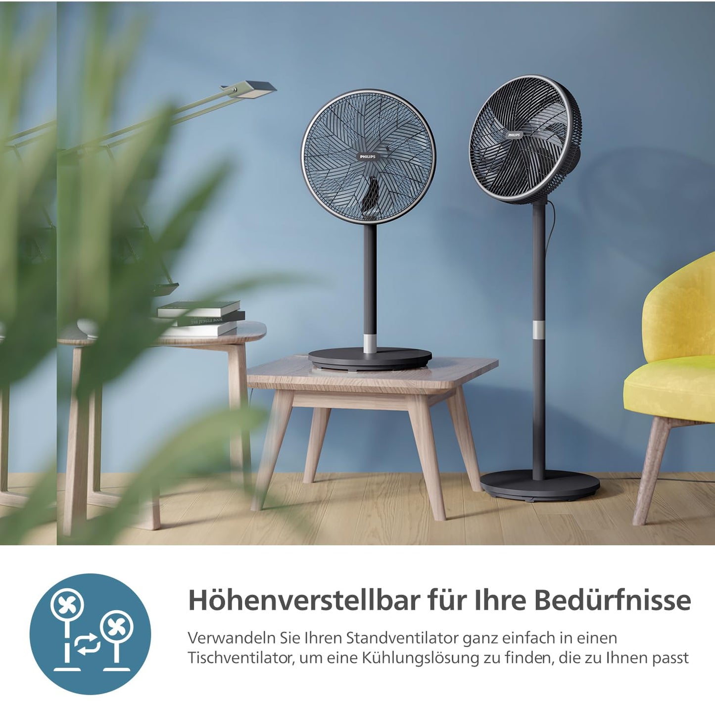 Philips Smart pedestal fan series 3000. Strong & extremely quiet SilentWings technology. 19dB. 2-in-1 table & pedestal fan. Tiltable & rotatable. App control. 12 hour timer. Black (CX3550/01)