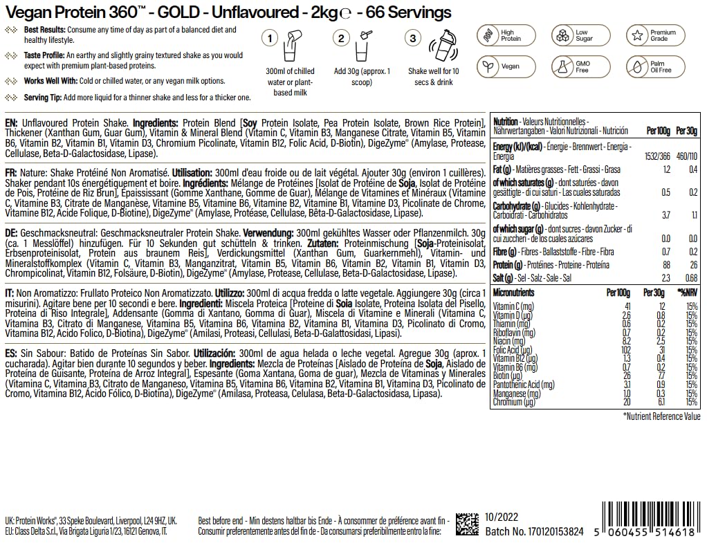 Protein Works | Vegan Protein 360 - Gold, fără aromă, 2kg - POWVEGANUNF2KG