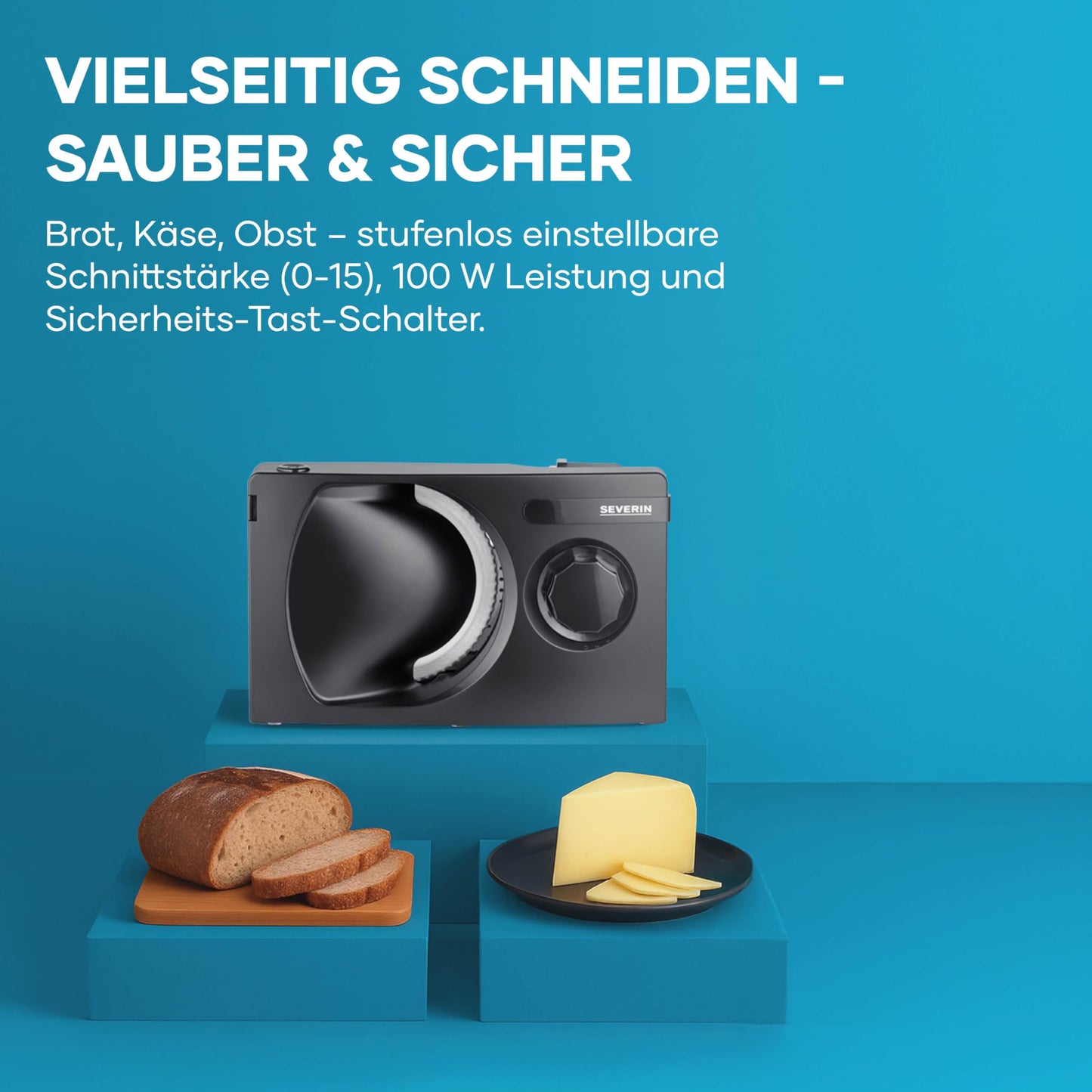 SEVERIN all-purpose slicer for bread, cold cuts or cheese, bread slicer with infinitely adjustable cutting thickness, slicer with finger protection, black, AS 9595