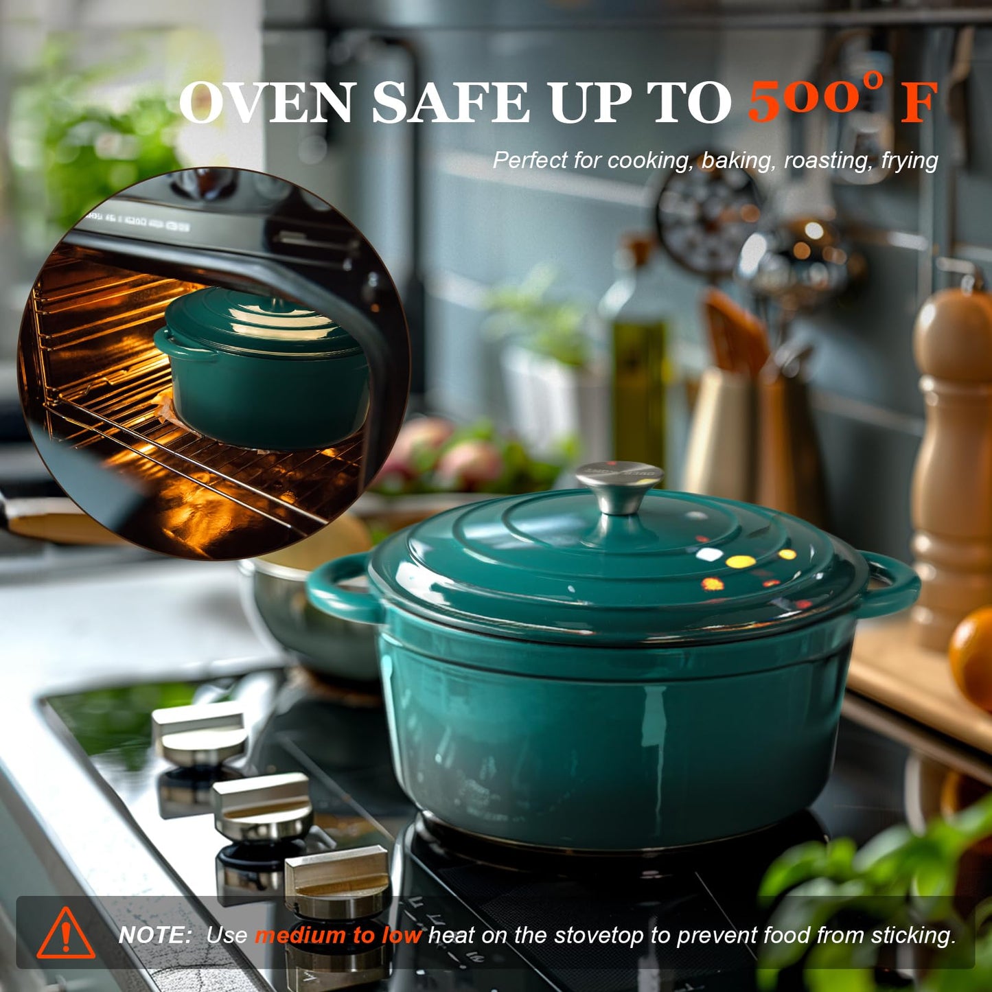 Overmont roasting pan enamel cast iron pot - casserole 28cm oven-safe - with lid and cookbook - for kitchen baking stewing roasting sea blue - Enamelled