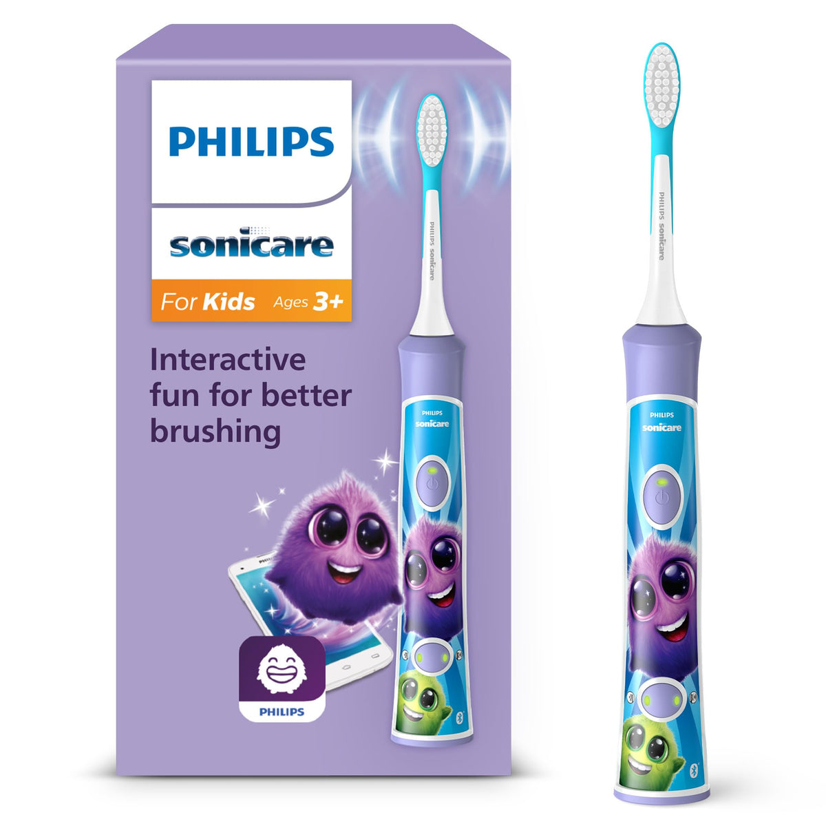 Philips Sonicare For Kids, electric sonic toothbrush with app, for children aged 3 and up, featuring SmarTimer and QuadPacer for thorough cleaning, Purple, Model HX6322/12