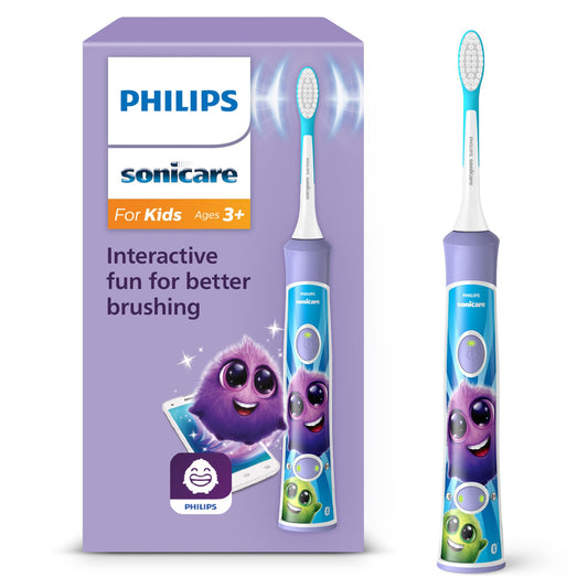 Philips Sonicare For Kids, electric sonic toothbrush with app, for children aged 3 and up, featuring SmarTimer and QuadPacer for thorough cleaning, Purple, Model HX6322/12
