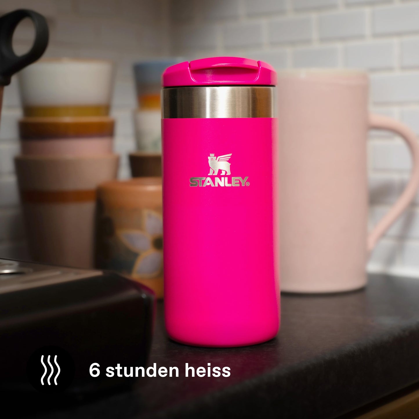 Stanley 1913 Aerolight Transit Thermo Mug 0.35L - Keeps Hot for 4 Hours - Dishwasher Safe - Coffee Mug To Go Leak-Proof - Compatible with Common Car Drink Holders - Thermos Flask - Pink - 100000004555