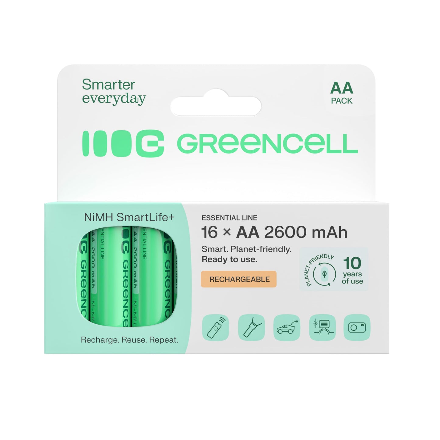 Green Cell battery 2600 mAh 1.2V, 16 pieces of batteries AA Mignon NI-MH rechargeable, ready for immediate use without memory effect, pre-charged, strong performance, low self-discharge, rechargeable battery - GR10