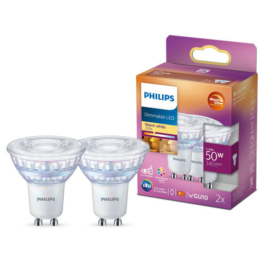 Philips LED Classic GU10 WarmGlow lamp, 50W, reflector, dimmable, warm white, double pack - 929002065718