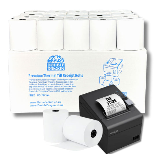 Double Dragon 80x80mm Premium Thermal Paper Cash Receipt Roll for EPOS Printer POS Terminal Cash Register [Pack of 60] - 60-80-80