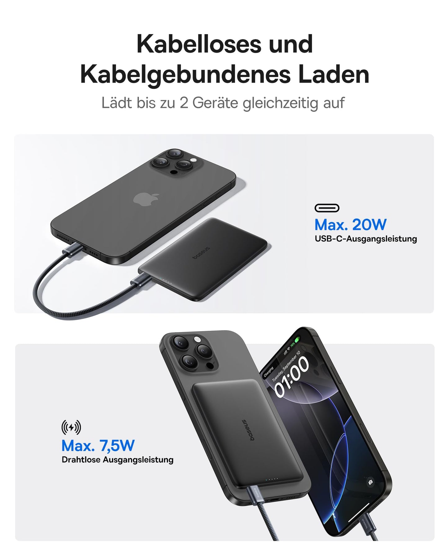 Baseus Picogo AM41 Power Bank, Ultra Slim 5000mAh Magsafe Power Bank, PD 20W Fast Charging, Portable, Wireless Magnetic External Battery with USB C Cable for iPhone 17/16/15/14/13/12, Black - PPKPC-0520